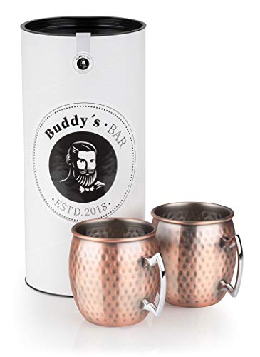 Buddy's Bar - Taza Moscow Mule, set de 2, 2 x 500ml, tazas de acero de alta calidad con revestimiento de cobre antiguo, apta para alimentos, efecto martillo, tazas para cócteles con caja de regalo