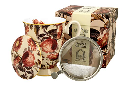 Colección Duo Secret Garden Taza 325 ml con huevo de té y tapa Peony de New Bone China Porcelana en caja de regalo, taza de té de 3 piezas Set de regalo con colador, taza con filtro