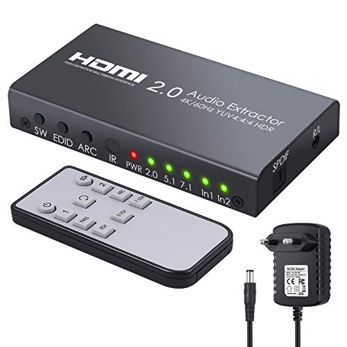 Conmutador HDMI 2.0 con Extractor de Audio Convertidor HDMI 2 Entradas HDCP 2.2 4K@60Hz YUV 4:4:4 y HDR Selector de Video y Audio con Mando para Blu-ray Xbox One X PS4 Pro Portatil Proyector HDTV