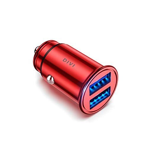 DIVI Cargador de Coche con Doble USB Puerto Cargador Móvil 5V/4.8A/24W, Adaptador Automóvil con Fast Charging Mini Small Size para Phone X / 8/8 Plus / 7, Galaxy S9/S9 Plus/S8/S7/S6 by (Rojo)
