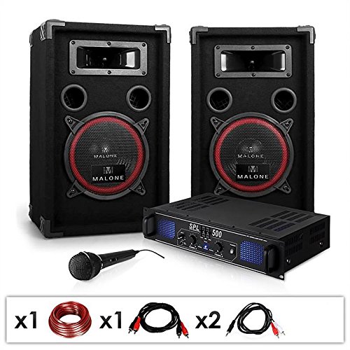DJ-14 Equipo de Sonido Profesional PA 500W (Amplificador Potencia 500W, 2 Altavoces 2X 200W RMS, micrófono dinámico, Cable Altavoz, RCA, Adaptador Jack)
