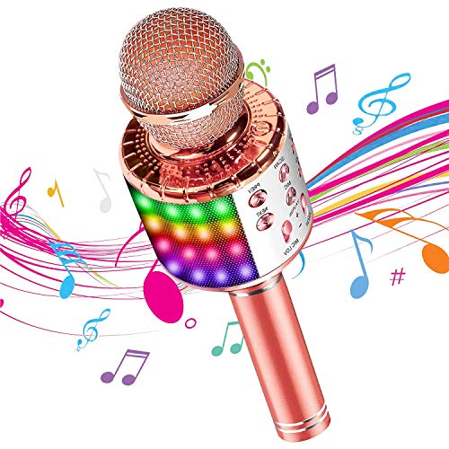 DY_Jin Micrófono inalámbrico de Karaoke Bluetooth 4 en 1 con Luces LED, portátil de Mano para niños, Reproductor KTV doméstico con función de grabación(Pink Gold)