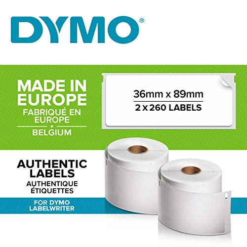 DYMO LW -  Etiquetas auténticas de dirección grandes, 36 mm × 89 mm, impresión negra sobre fondo blanco, 2 rollos de 260 etiquetas (520 etiquetas con reverso fácil de retirar), autoadhesivas, para rotuladoras LabelWriter