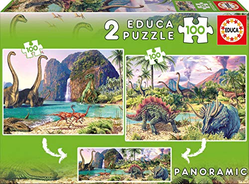 Educa - Dino World Panoramico, 2 Puzzles infantiles de 100 piezas, a partir de 6 años (15620)