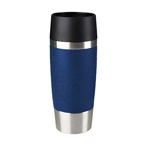 Emsa Travel Mug Taza térmica, mantiene calor 4 h y frío 8 h, acero inoxidable con base antideslizante y zona de agarre de silicona con letras grabadas, Azul, 8.1 x 8.1 x 20.1 cm