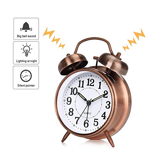 EROYAL Reloj Despertador Retro con Doble Campana,Despertador Retro de Metal,Despertador Vintage con luz Nocturna y Alarma,sin tictac, silencioso,batería,Unidad de Cuarzo (Brown)