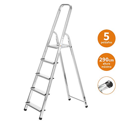 Escaleras Plegables Aluminio 5 Peldaños de Tijera Super Resistente hasta 150Kg, Acero y Aluminio Antideslizantes, Altura de Trabajo hasta 290cm | Packer PRO