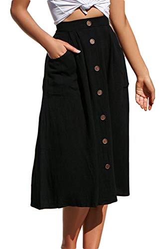 Falda De Algodón De Verano Casual De Cintura Alta Botón Línea Faldas Midi De Mujer Negro M