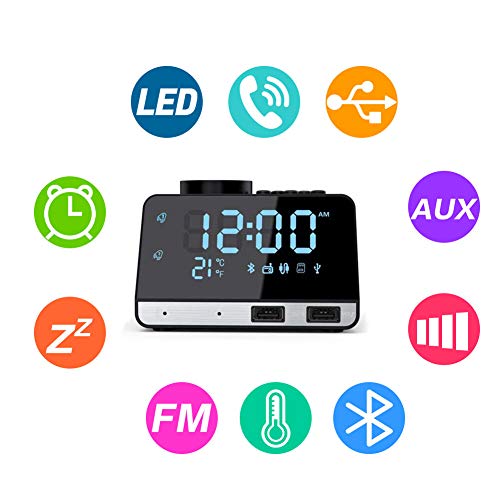 Flightbird Bluetooth Despertador Radio, FM 4.2 Pulgadas Reloj Digital Alarma con Dual USB Puertos Pantalla LCD Regulable y Termómetro de Interio Función Snooze (Negro)