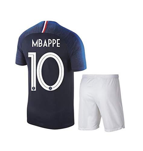 Francia Campeón Camiseta de Fútbol+Cortos,MBAPPE N°10 Respirable Camiseta De Manga Corta Pantalones para Niños Adultos Uniforme de 2018 Copa del Mundo de Dos Estrellas,Blue,L