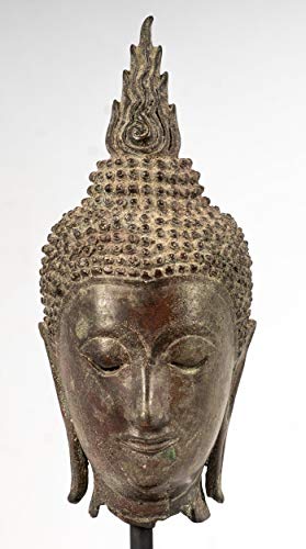 HD Asiático Arte Antiguo Buda Estatua – Cabeza de Buda de Bronce Subkhothai del siglo XVIII – 24 cm/10