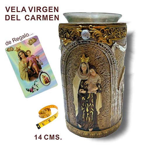Heraldys.- Porta Vela con la Figura Virgen del Carmen en Relieve 14 cms. en Resina, Pintada a Mano. De Regalo estampas de San Expedito, San Pancracio, San Judas Tadeo y San Miguel.