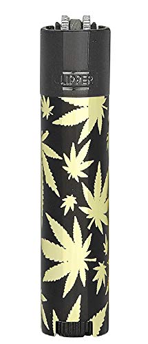 HIBRON Clipper 1 Encendedor Mechero Clásico Largo Metal Golden Leaves Negro-Dorado Diseño Hoja de Marihuana Y 1 Llavero Gratis