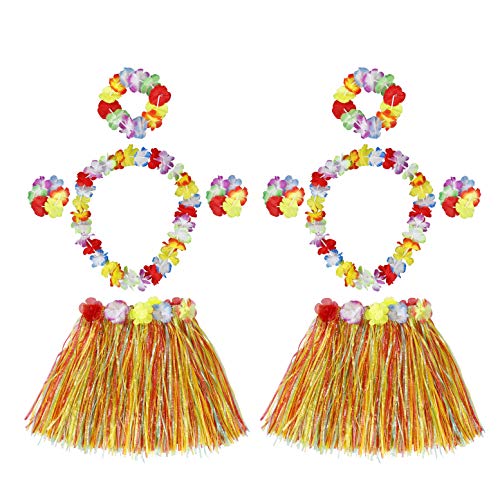 HONGXIN-SHOP Falda de Hierba Hawaiana con Elástica Flores Disfraces Guirnalda Diadema Pulsera Collar para Niñas Mujer Fiesta Hula Luau Accesorio 2 Sets