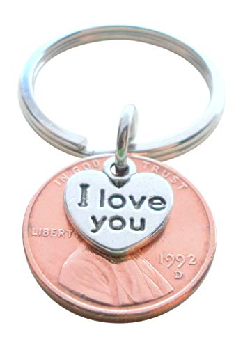 I Love You (Ich liebe dich) Corazón de encanto überlagert 1992 Estados Unidos un Cent Penny Schlüsselanhänger; 27 años de aniversario de regalo, Parare Schlüsselanhänger
