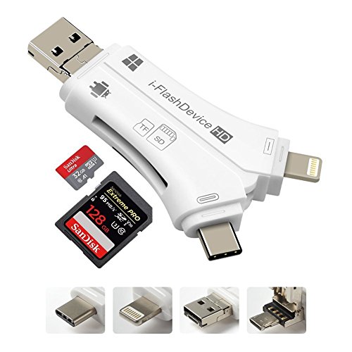 JF 4 en 1 SD&TF Lector de Tarjetas de Memoria USB 2.0 Adaptador de Tarjetas con Lightning y Micro USB y Tipo-C Conector y Función de Adaptador OTG para Apple iPhone, iPad