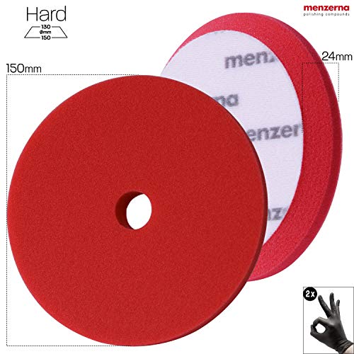 Juego Detailmate - Almohadilla de espuma de corte pesado premium Menzerna - 150 mm - Esponja de pulido duro - Rojo + 2 Nitrilo - Guantes protectores