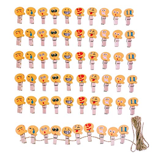 JZK 60 x Emoji Pinzas de Madera pequeños Marcos de Fotos con Hilo de Yute Mini Clips de Madera para Foto Clip de Pared Foto Titular Colocar Tarjeta favores