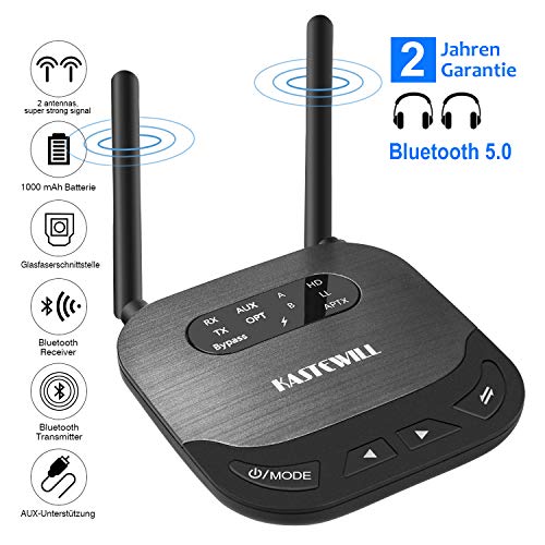 KASTEWILL Adaptador Bluetooth 5.0 Receptor Transmisor, 3-in-1Dual Antena Receptor 100M Amplio Rango con RCA, AUX, Óptico Digital para el hogar/TV/Coche o el Sistema Estéreo del Hoga