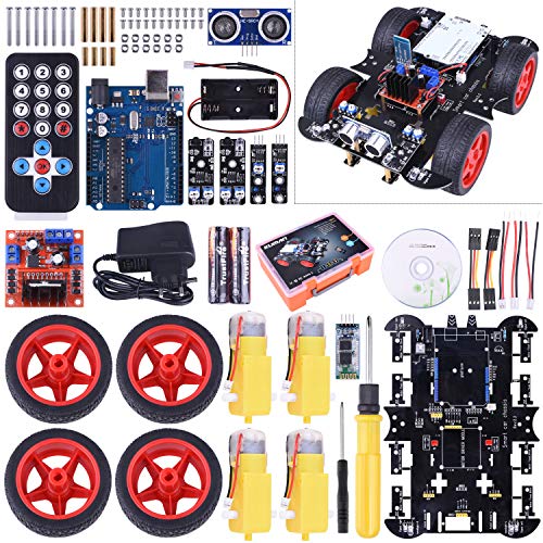kuman Kit de Coche de Robot RC, Kit de robótica R3 Conjuntos con módulo de Seguimiento de línea, Sensor ultrasónico, Servomotor, Bocina, Tutoriales para Arduino SM11
