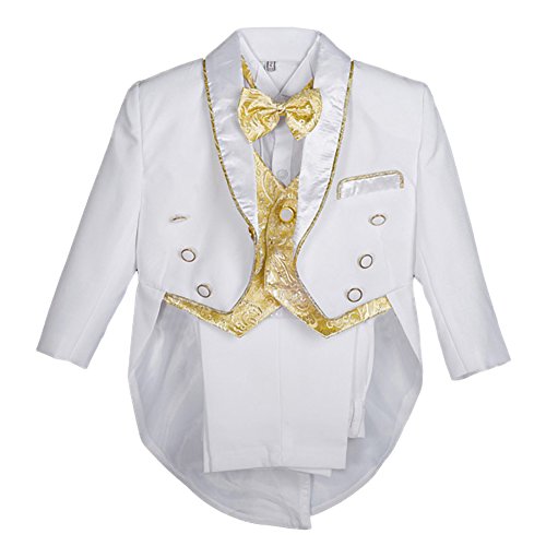 Lito Angels - Chaleco de jacquard, 5 piezas, formal, traje de esmoquin con cola bautismo Blanco con oro 18 meses