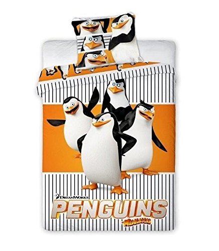 Los Pingüinos de Madagascar – Juego 100% algodón Ropa de Cama Reversible Funda de edredón de 160 x 200 + Funda de Almohada 70 x 80 Idea Déco