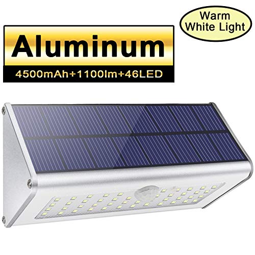 Luces de pared solar de seguridad al aire libre, Licwshi 1100lm 46 LED 4500mAh Aleación de aluminio de plata Sensor de movimiento infrarrojo para jardín, calle, valla, Luz blanca cálida