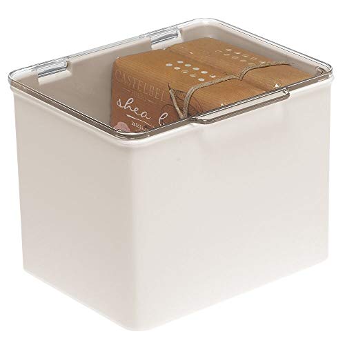 mDesign Cajón de plástico sin BPA – Caja con tapa de diseño apilable, ideal para organizar la cocina, la habitación infantil o el baño – Cajas de ordenación multiusos – crema y transparente