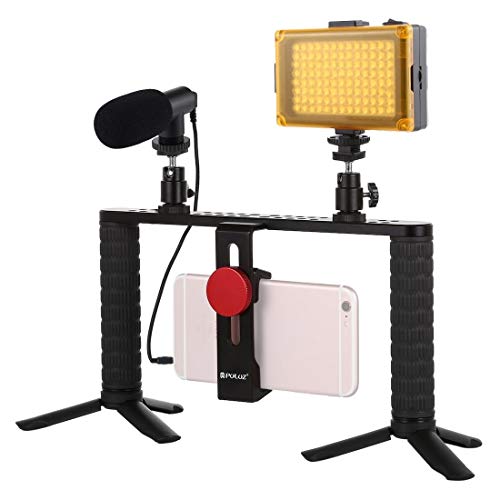 Micrófonos de Condensador, 4 en 1 Vlogging Transmisión en Vivo del LED Luz Selfie Smartphone Video Rig Grip estabilizador de Aluminio Kits de Soporte con el Zapato micrófono + trípode + fría la cabez