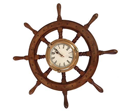 NAUTICALMANIA Rueda de timón Decorativa con Reloj 63x8cm