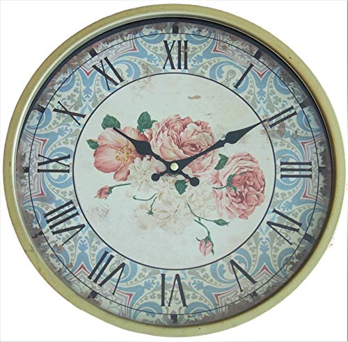 Perla PD Design - Reloj de pared de metal lacado con esfera de cristal y diseño vintage Diámetro de 30 cm., metal, rosas