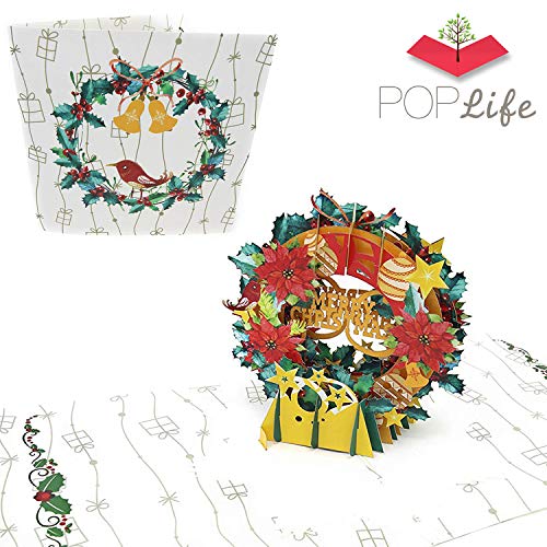 PopLife - Tarjeta de felicitación navideña con diseño de corona de Navidad, hecha a mano en 3D, con texto en inglés"Merry Christmas", regalo pequeño para amigos y familia, travieso o bonito