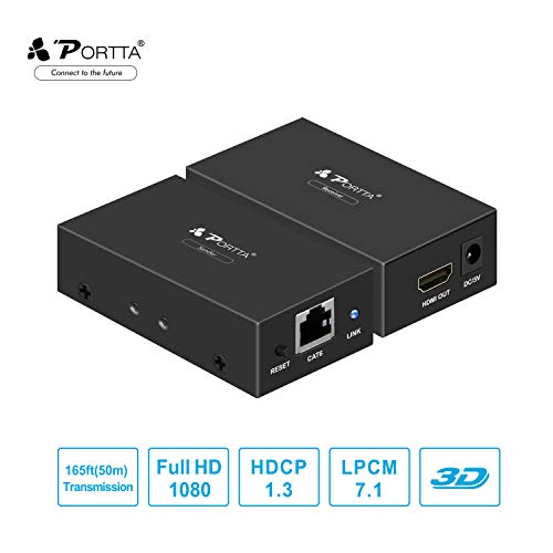 Portta HDMI Extender Ethernet Extensor sobre un Solo UTP RJ45 CAT6/CAT7 Cable de hasta 50m(165ft) (Sender+Receptor) Soporte 1080P y 3D LPCM DTS Dolby Caja de Metal para HDTV PS3 DVD y más Dispositivo