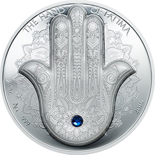 Power Coin Hand of Fatima Hamsa Mano de Fatima Amuleto Talisman Khamsa Swarovski 2 Oz Moneda Plata 10$ Palau 2016