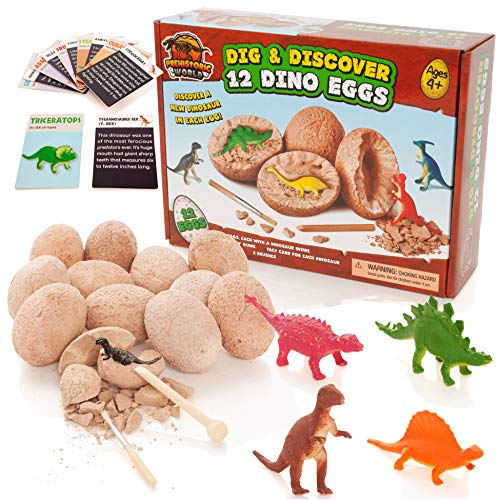 Prehistoric World - Juguete de Dinosaurios - Kit de excavación de Huevos de Dinosaurio - Incluye 12 Huevos y Figuras + 12 Tarjetas educativas de bonificación