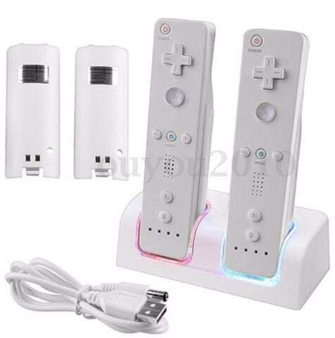 Rehomy - Estación de carga para Wii (4 en 1, con 4 pilas recargables e indicadores LED, 4 puertos, para mando Wii (blanco) Blanco blanco
