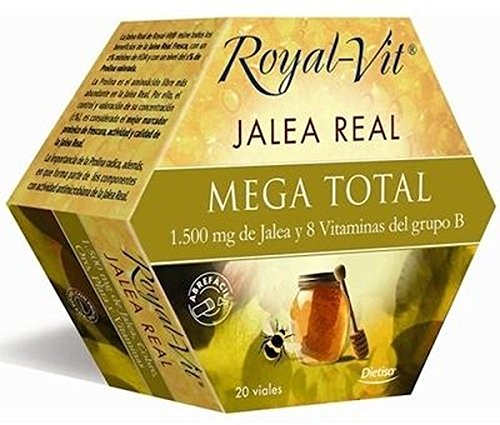 Royal-Vit Jalea Real Mega Total de 20 Viales de 10 ml de Dietisa - Cada Vial Contiene 1500 mg de Jalea Real y 8 Vitaminas del Grupo B y Niacina - Complemento Alimenticio que Contribuye a Disminuir la Fatiga y el Cansancio Extremo