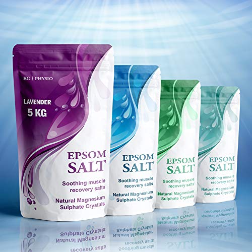 Sal Epsom para baño de 5 kg de magnesio puro utilizado para la recuperación muscular y relajación, 4 aromas disponibles.