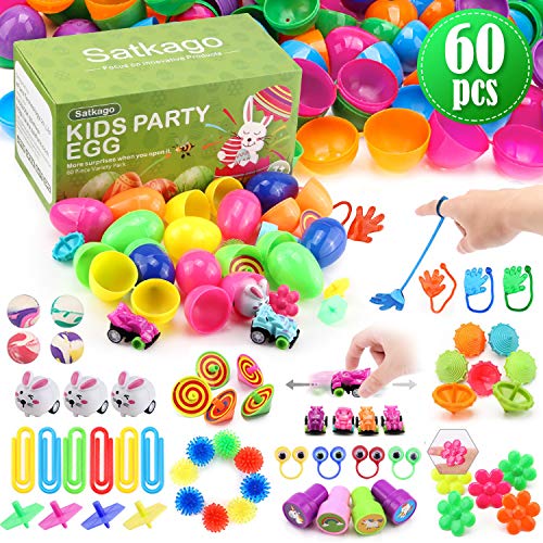 Satkago 60 uds Huevos de Pascua de Juguete, Huevos de Plástico de Colores Brillantes con 12 Tipos de Juguetes Populares para Niños Pequeños como Partidarios de la Fiesta