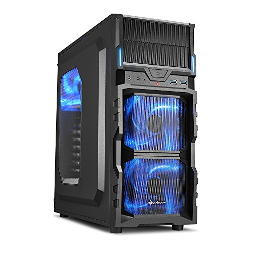 Sharkoon VG5-W - Caja de ordenador gaming (semitorre ATX, iluminación y lacado interior AZUL, lateral acrílico, incluye 3 ventiladores LED, 2 bahías de 5,25”), negro