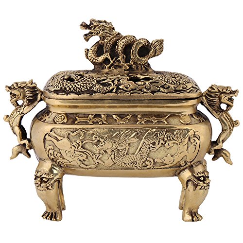 Soporte para quemador de incienso de dragón chino de cobre de bronce antiguo con tapa para decoración del hogar