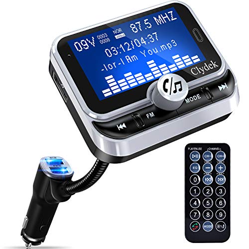 Transmisor FM Bluetooth Automóvil, Clydek Adaptador de Cargador con Pantalla de 1.8 "y Control Remoto, 4 Modos de Reproducción de Música, Cargador Rápido QC3.0, Manos Libres, Entrada y Salida AUX