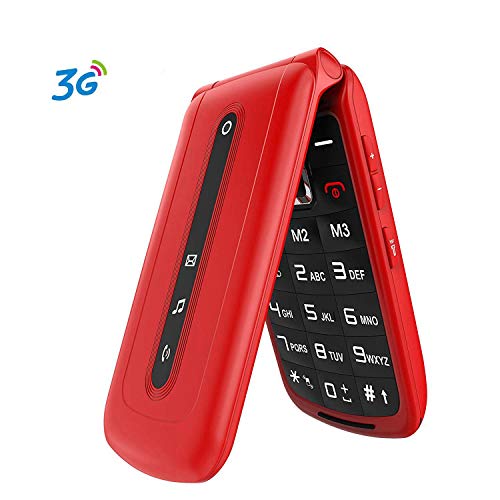 Ushining Teléfono Móvil, Teléfono Móvil para Mayores Teclas Grandes con Tapa Pantalla de 2,4 Pulgadas (Emergencia Botón SOS, 2G + 3G, Dual SIM, Cámara, Bluetooth, Reproductor MP3) - Rojo