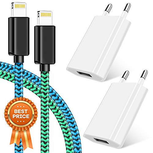 Vaseakk - Set de carga [certificado MFi MFi MFi, cable de carga para teléfono 2 x 1 m y 2 adaptadores de alimentación USB para iPhone XS/XR/XR Max/X/8/8 Plus/7/7 Plus, iPad 4/Pro/Mini(azul y verde)