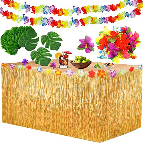 Yojoloin 39 Pcs Hawaiano Luau Falda de Mesa Set de decoración, Decoración de Fiesta Tropical de 9.6FT,Hojas de Palmera, Flores Hawaianas, pancartas Luau Decoraciones para la Fiesta temática de Hawai.