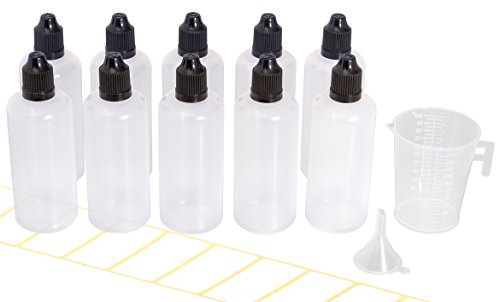 10 frascos cuentagotas de 100 ml con embudo gratis, vaso dosificador y etiquetas. Botella de goteo plástico para e-liquidos y líquidos