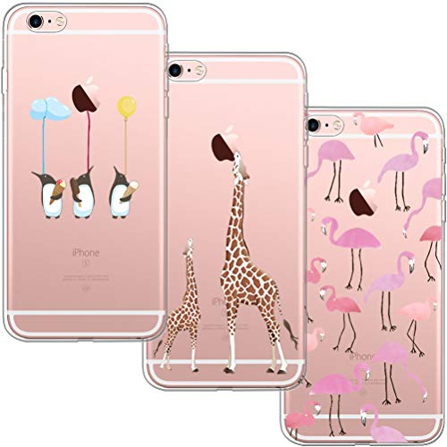 [3 Pack] Funda iPhone 6, Funda iPhone 6S, Funda de Silicona Blossom01 Ultra Suave Funda TPU Silicona con Dibujo Animado Lindo para iPhone 6 / 6S - Flamingo & Jirafa & Pingüino