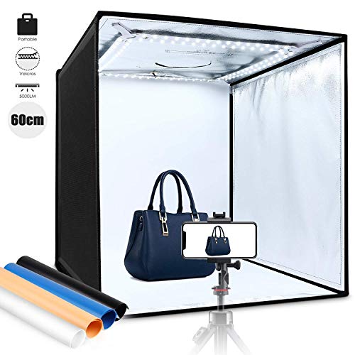 Amzdeal Caja de Luz Fotografía 60x60x60cm Portátil Plegable LED 5000LM 5500K, 4 × Fondo Azul/Blanco/Negro/Naranja, Velcro Fijación Fuerte Fácil de Instalar