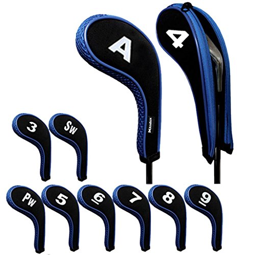 Andux - Juego de fundas con cremallera para palos de golf, 10 unidades por juego, cuello largo, con identificador grabado, disponibles en 5 colores diferentes, negro y azul