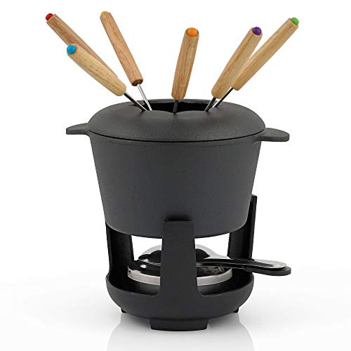 BBQ-Toro set de fondue de hierro fundido para 6 personas set de fondue 13 piezas con quemador y tenedor cantidad de llenado 1 litros de queso de inducción de chocolate (Negro/Ya Marcado)